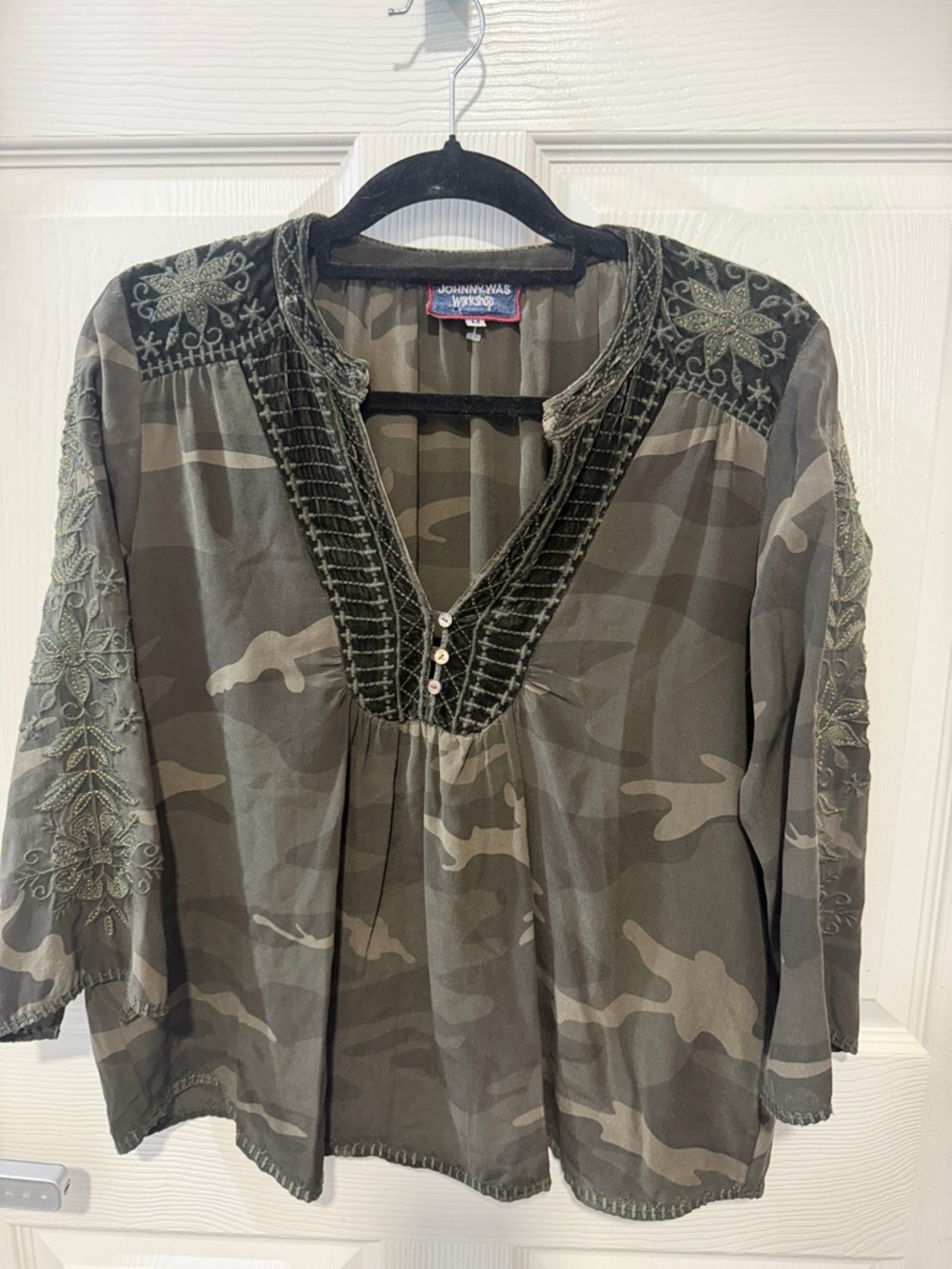 Johnny Was Olive Green Camo Embroidered Peasant Top